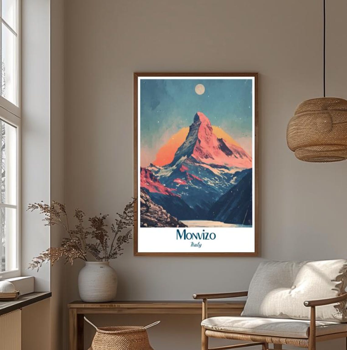 Monvizo Italy Alpine Peak Sunset Moonrise Vintage Travel Poster - Image 3