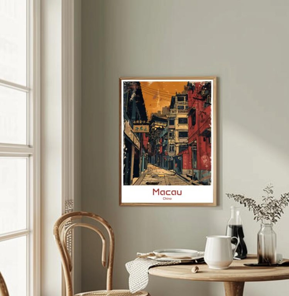 Macau Historic Old Town Street at Sunset in Warm Vintage Style Poster - Image 2