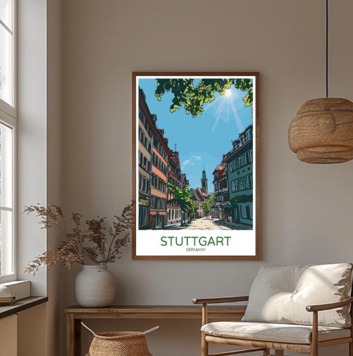 Stuttgart Germany Sunlit Old Town Street Vintage Travel Poster - Image 3