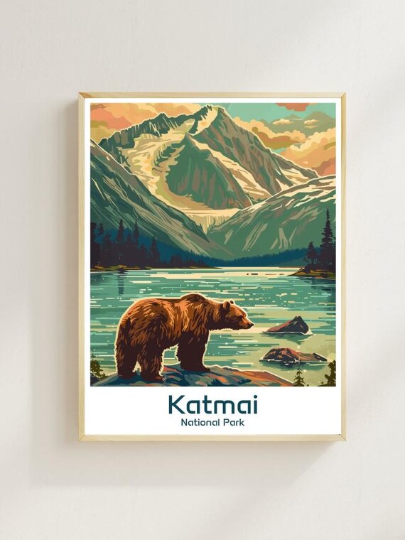 Katmai National Park Brown Bear Lake Mountain Illustration Poster