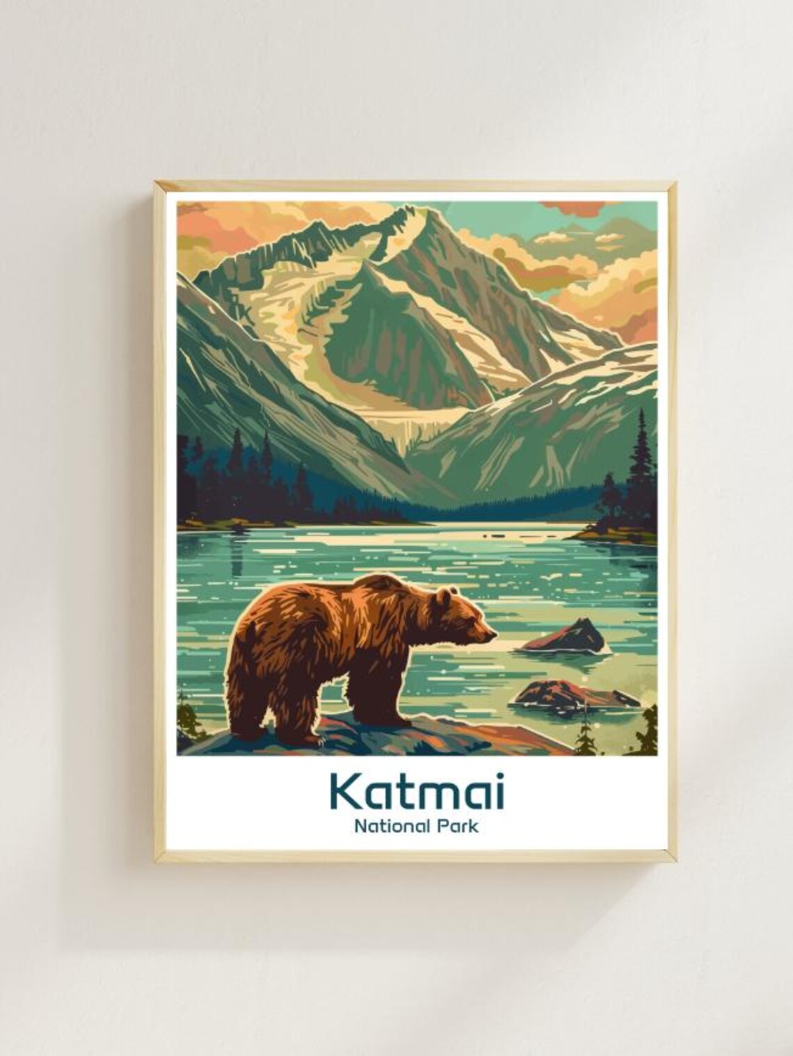 Katmai National Park Brown Bear Lake Mountain Illustration Poster