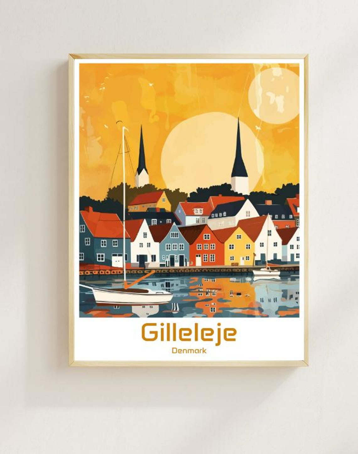 Gilleleje Denmark Harbor Twin Spires Sunset Illustration Poster