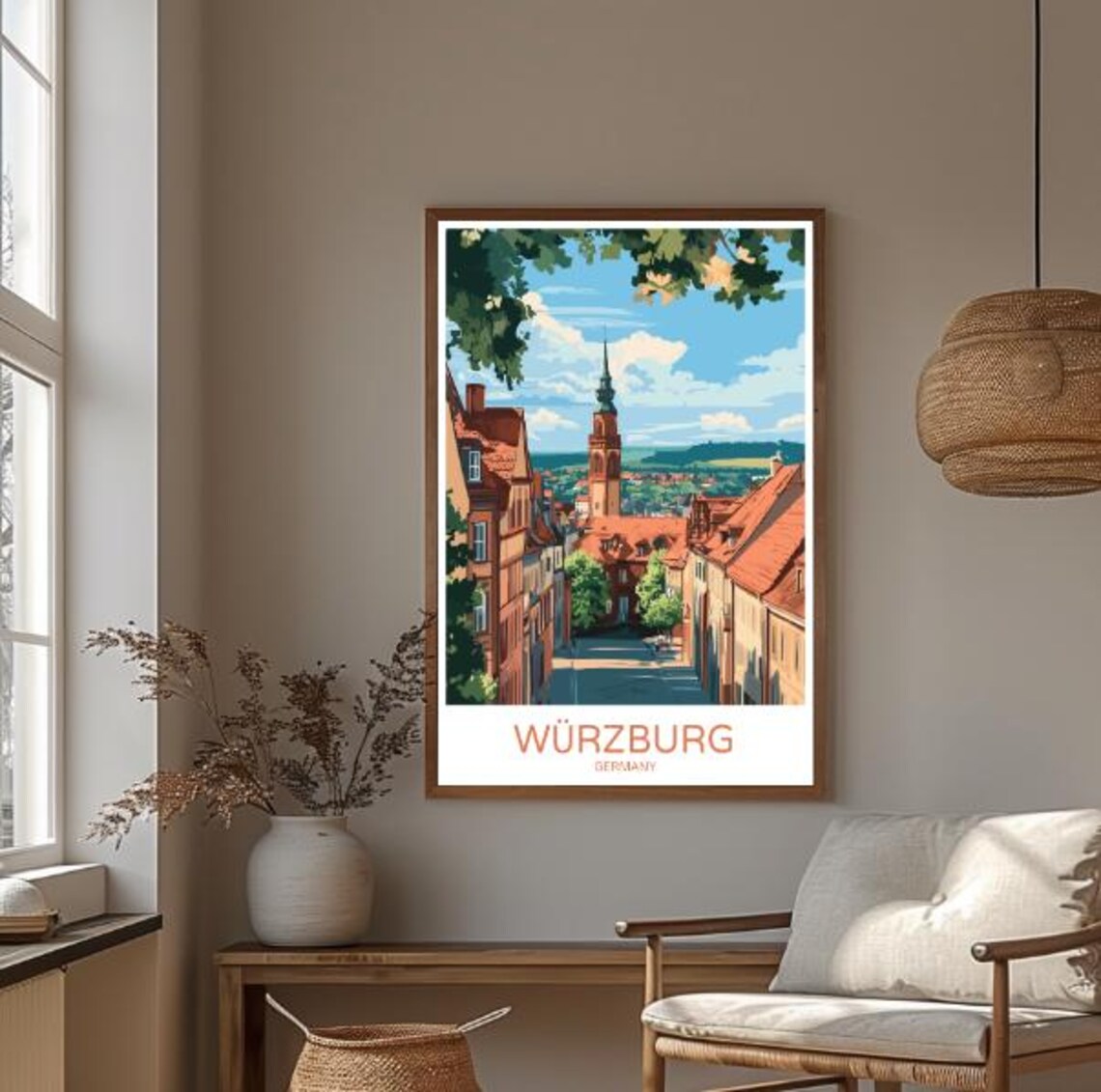Wurzburg Germany Travel Poster Old Town Red Roofs Church Tower View Decor - Image 3