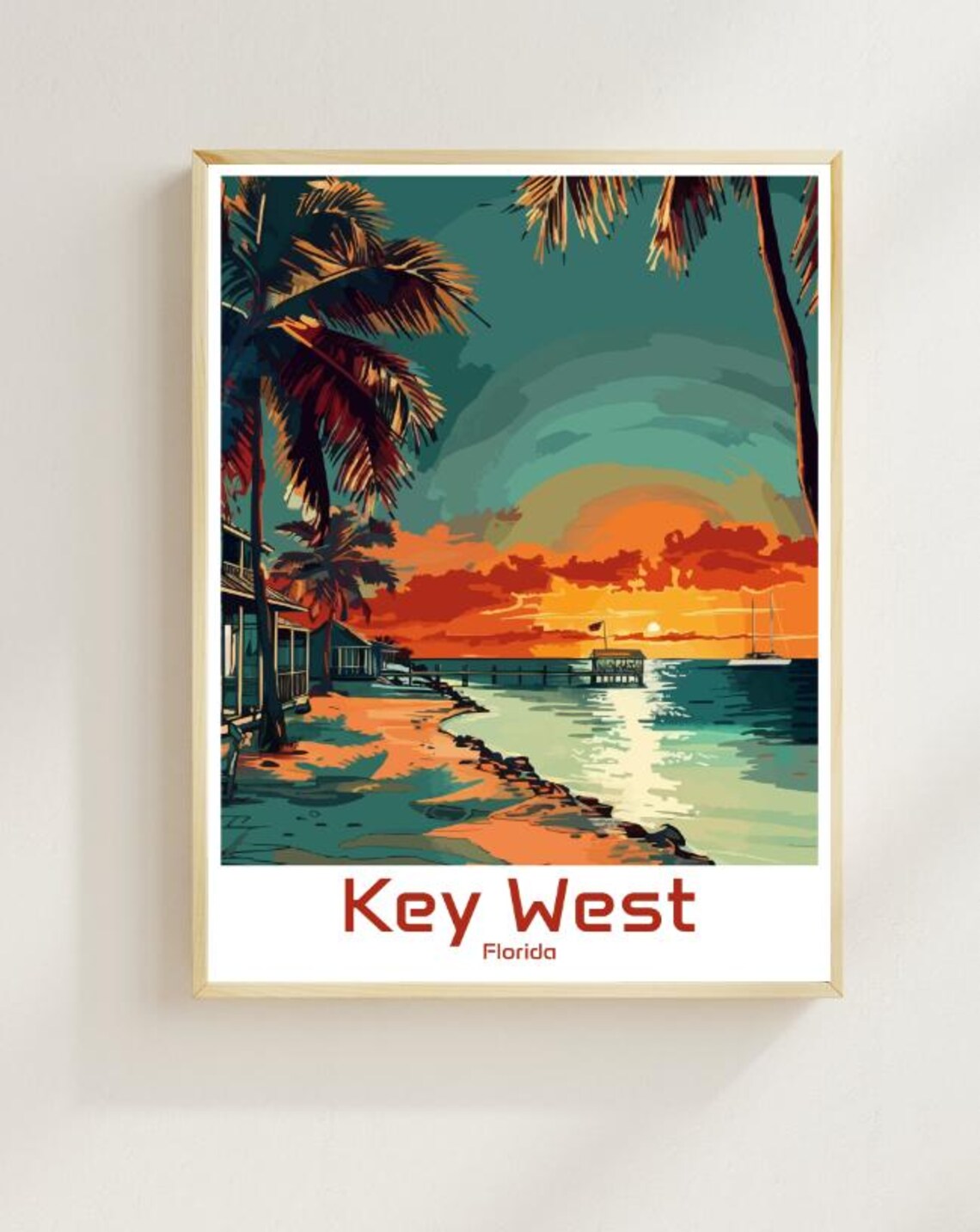 Key West Florida Beach Sunset Palm Trees Pier Tropical Travel Poster