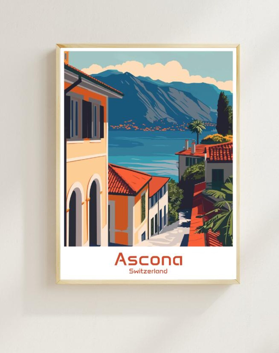 Swiss Ascona Switzerland Travel Poster Lake Maggiore Wall Art Alpine Landscape Print European Village Decor Switzerland Travel Artwork
