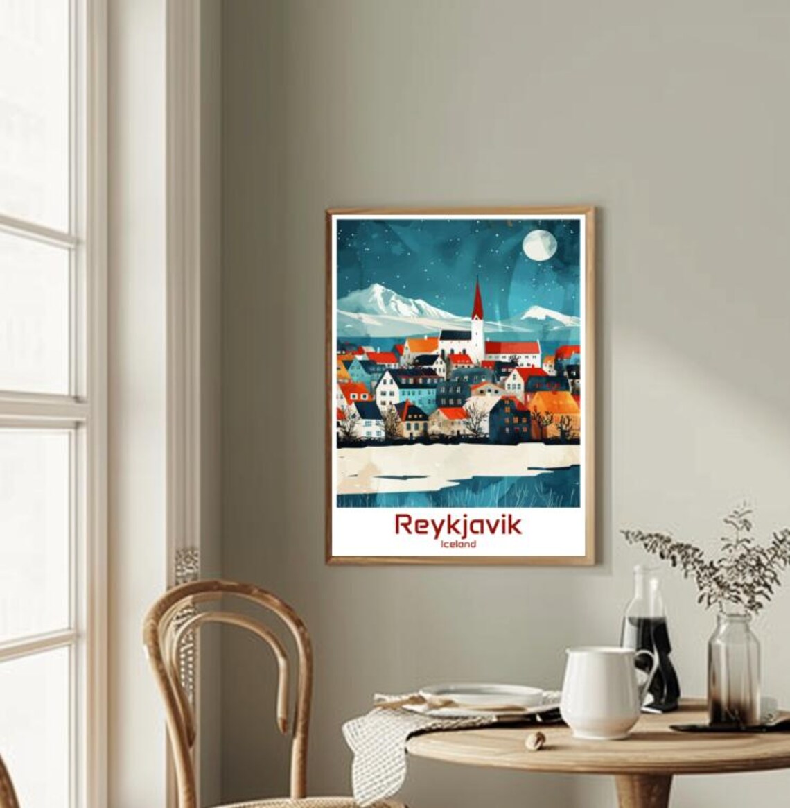 Reykjavik Iceland Winter Night Cityscape Moon Vintage Travel Poster - Image 2