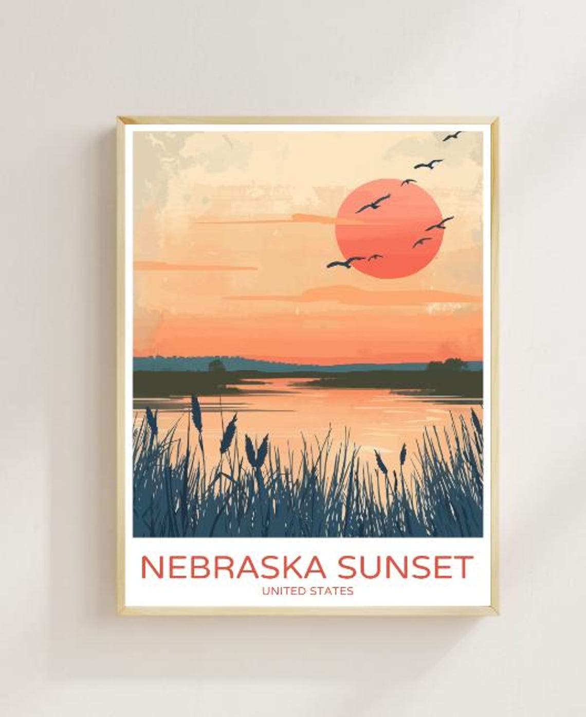 Nebraska Sunset Marsh Wetland Landscape Vintage Travel Poster