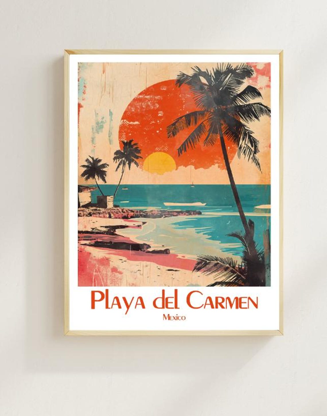 Playa Del Carmen Mexico Retro Beach Sunset Palm Tree Art Poster