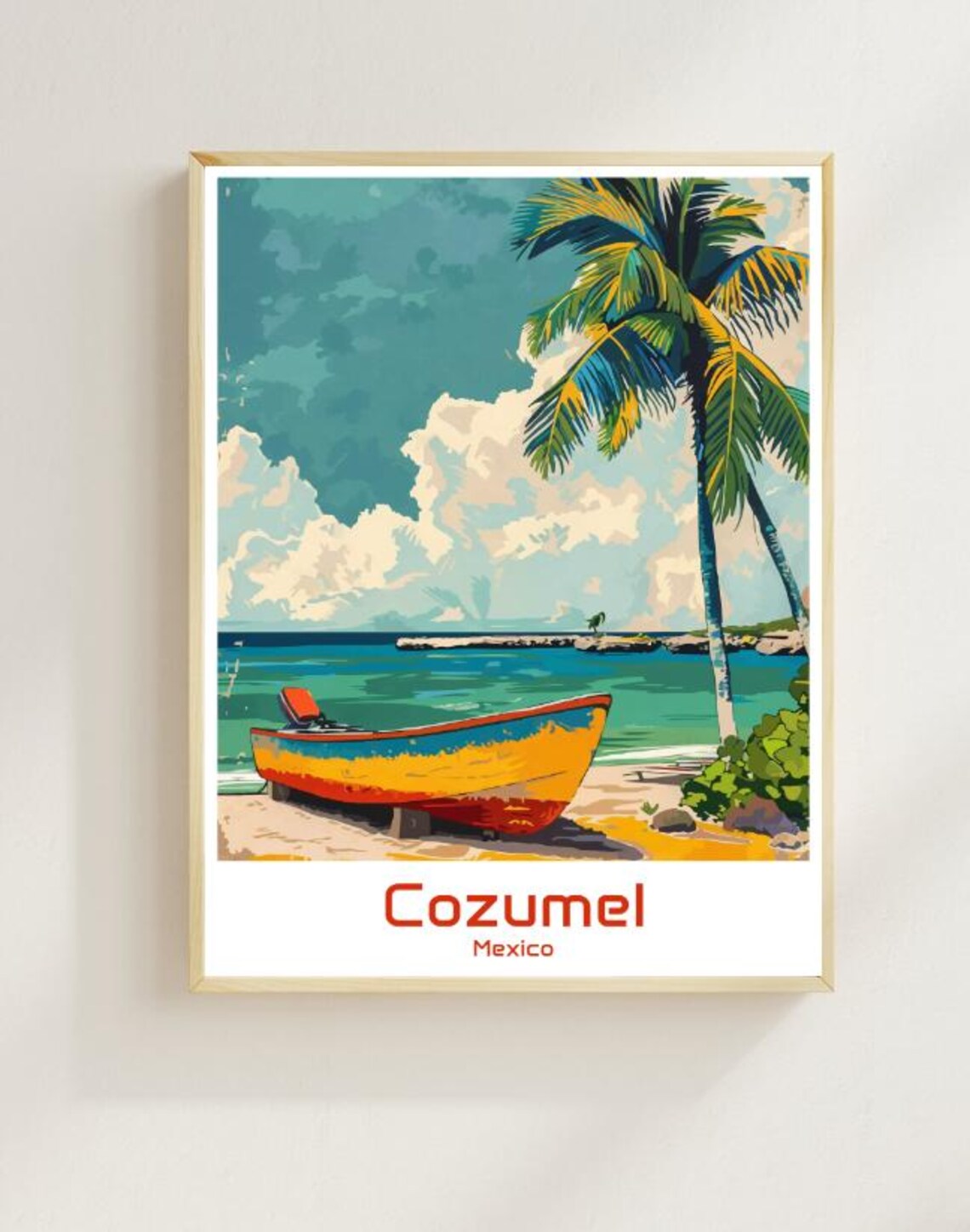 Cozumel Mexico Travel Poster Caribbean Beach Fishing Boat Palm Art