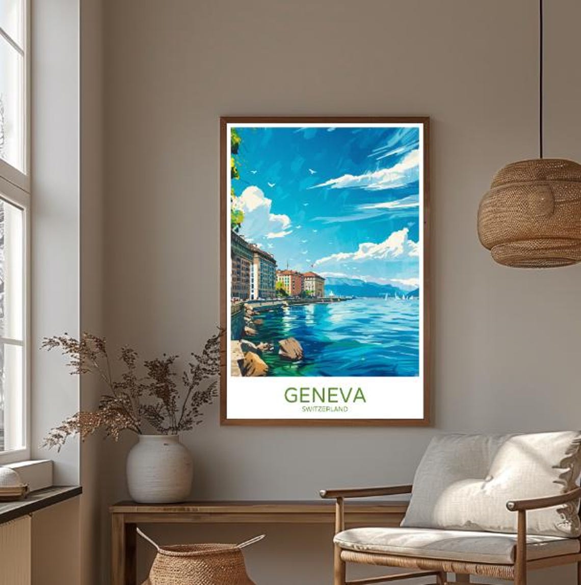 Geneva Switzerland Lakeside Cityscape Scenic Vintage Travel Poster - Image 3