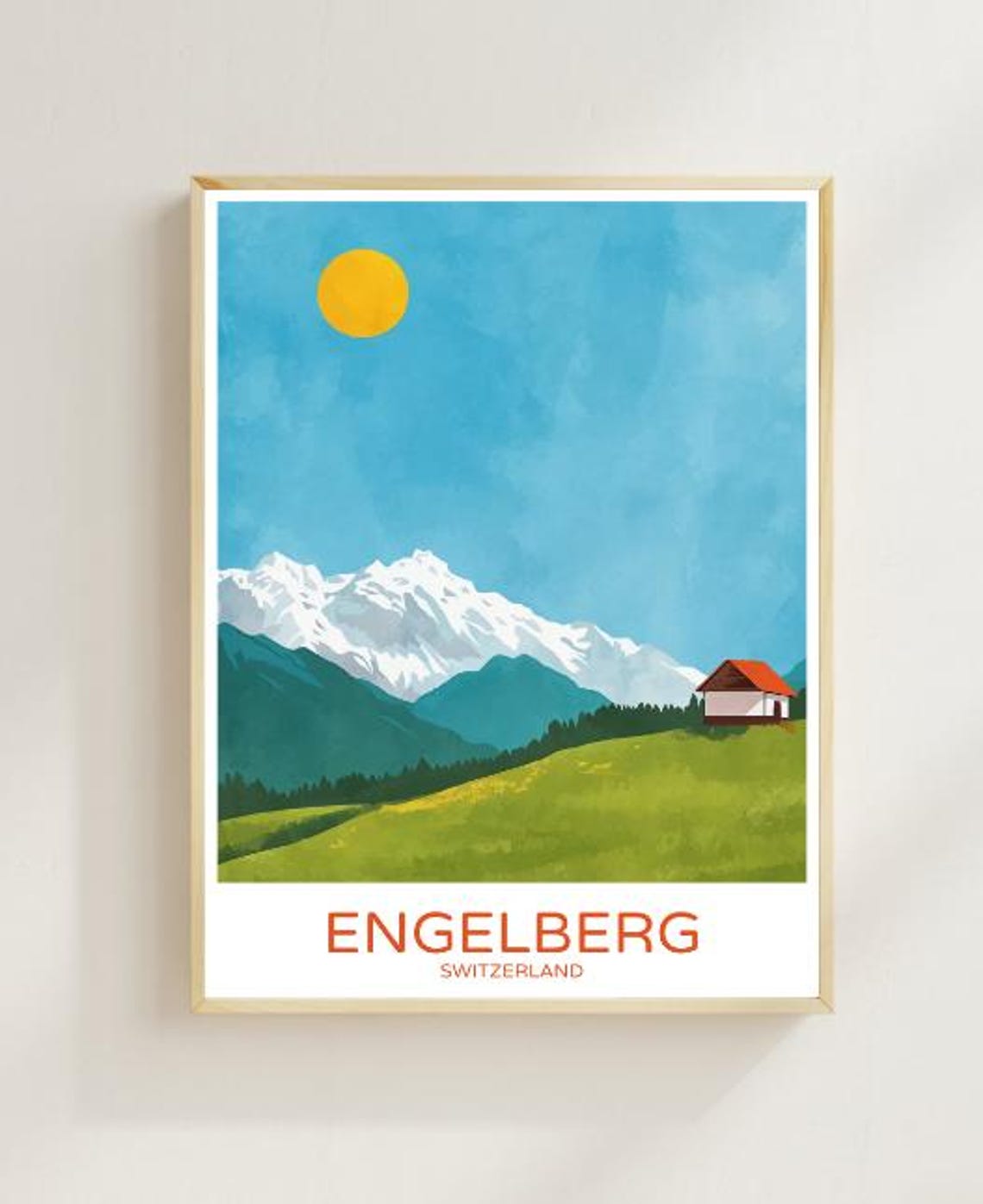 Engelberg Switzerland Alpine Cabin Snowy Peak Sunny Meadow Poster
