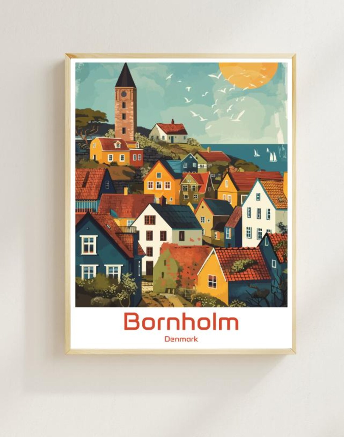Bornholm Denmark Colorful Town Clock Tower Retro Illustration Poster