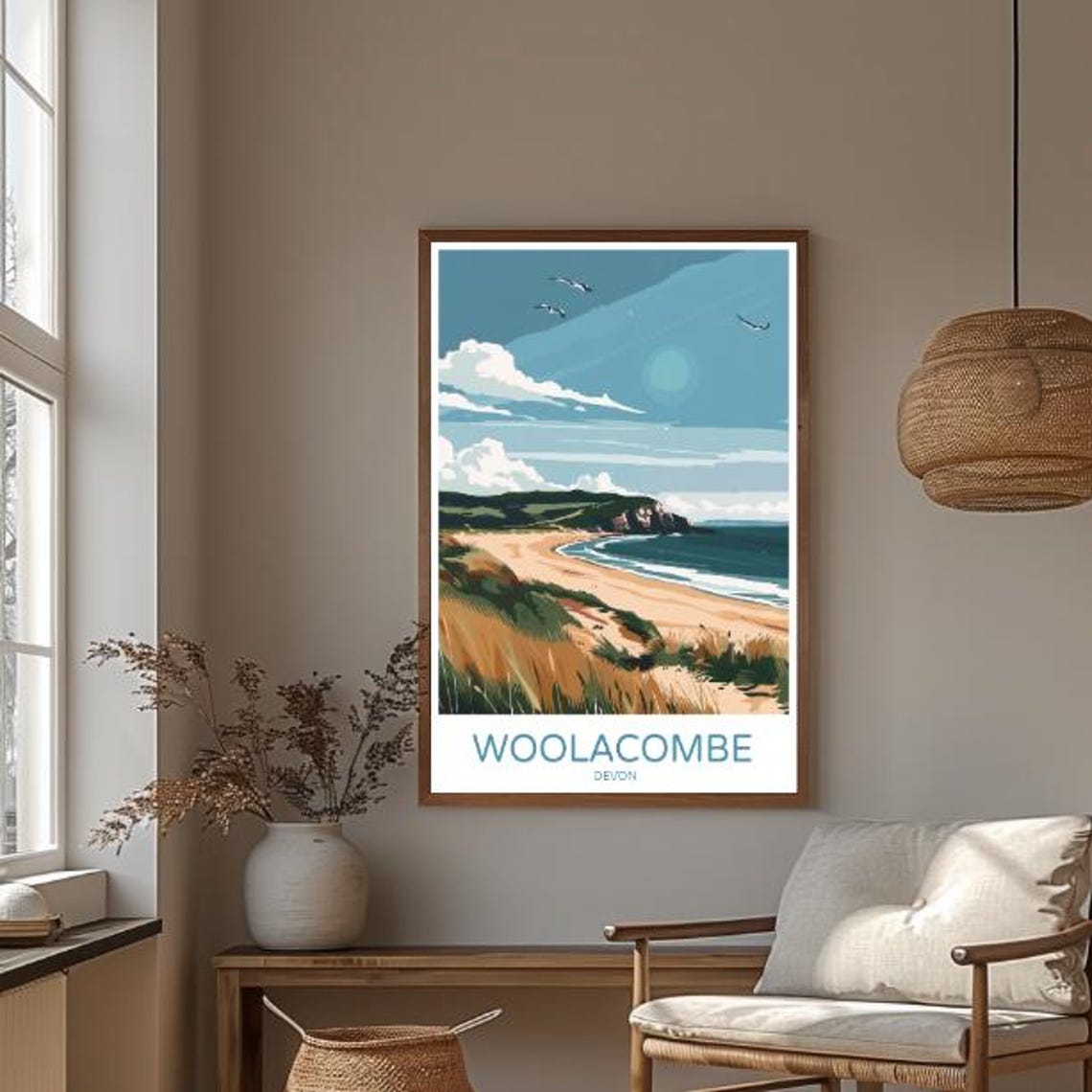 Woolacombe Devon Sandy Surf Beach Dunes Seagulls Retro Travel Poster - Image 3