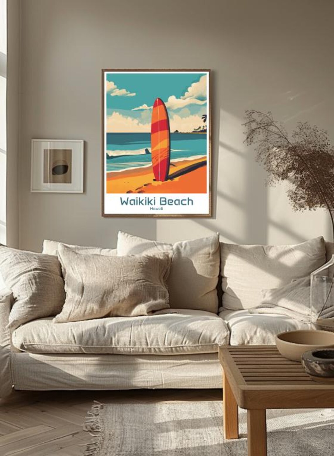 Waikiki Beach Hawaii Surfboard Golden Sand Retro Surf Art Poster - Image 3