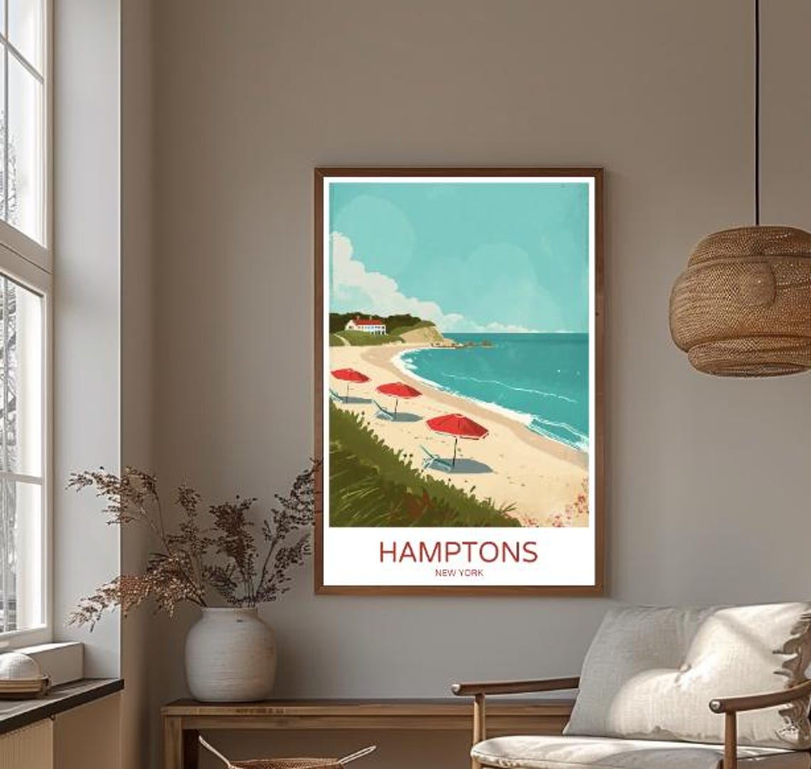 Hamptons New York Sandy Beach Red Umbrellas Coastal Travel Poster - Image 3