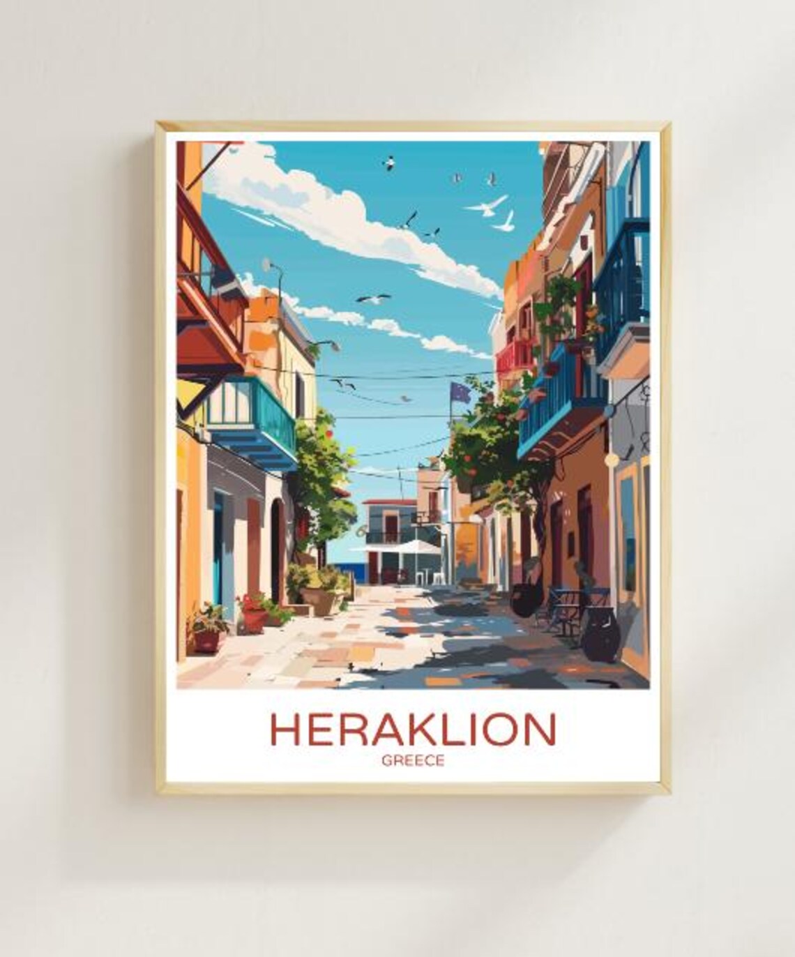 Heraklion Greece Sunlit Cobblestone Old Street Seaside Travel Poster