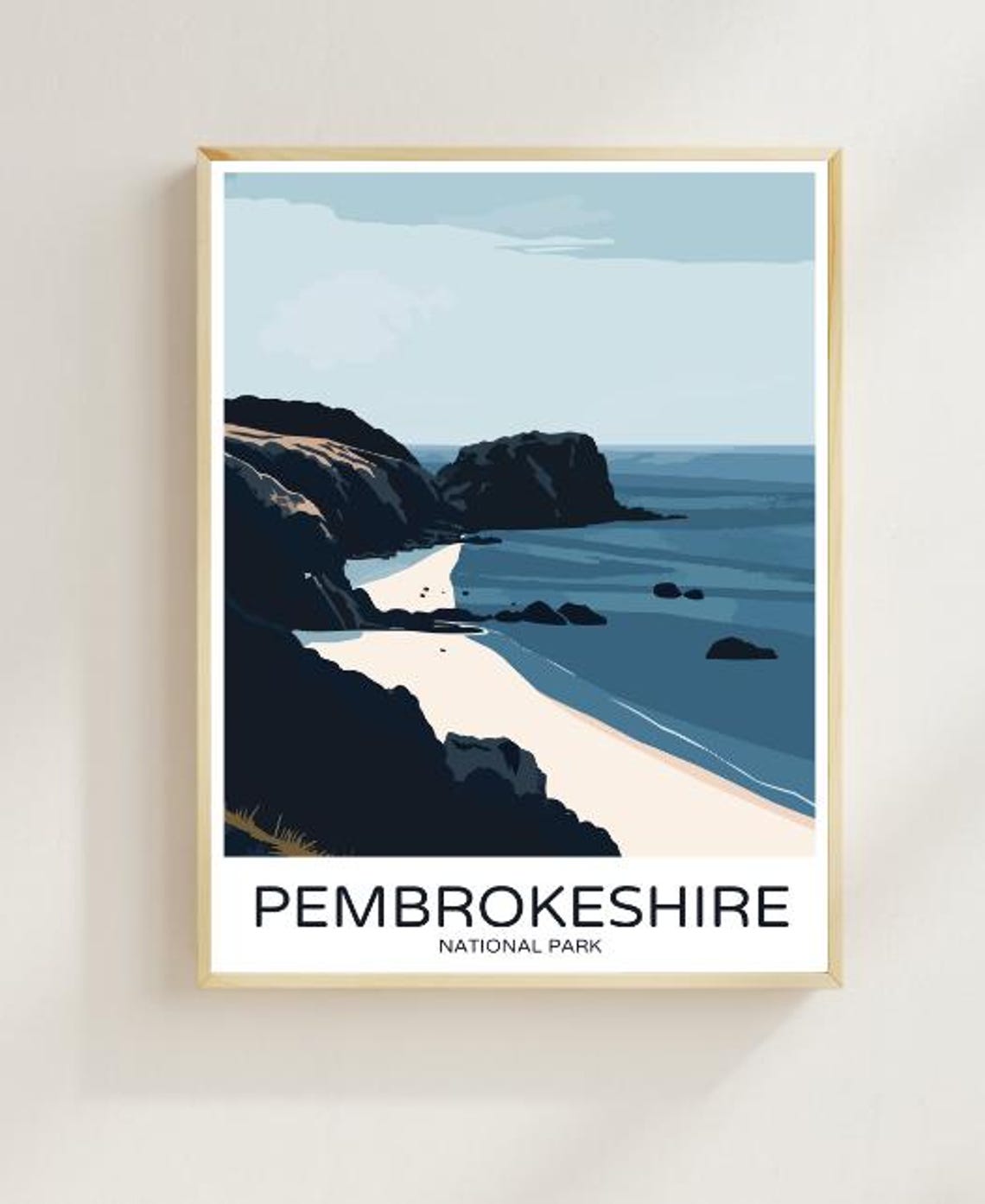 Pembrokeshire National Park Travel Poster Cliffs Beach Scene Art
