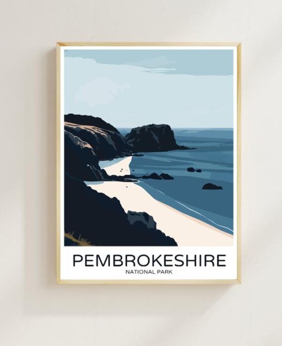 Pembrokeshire National Park Travel Poster Cliffs Beach Scene Art