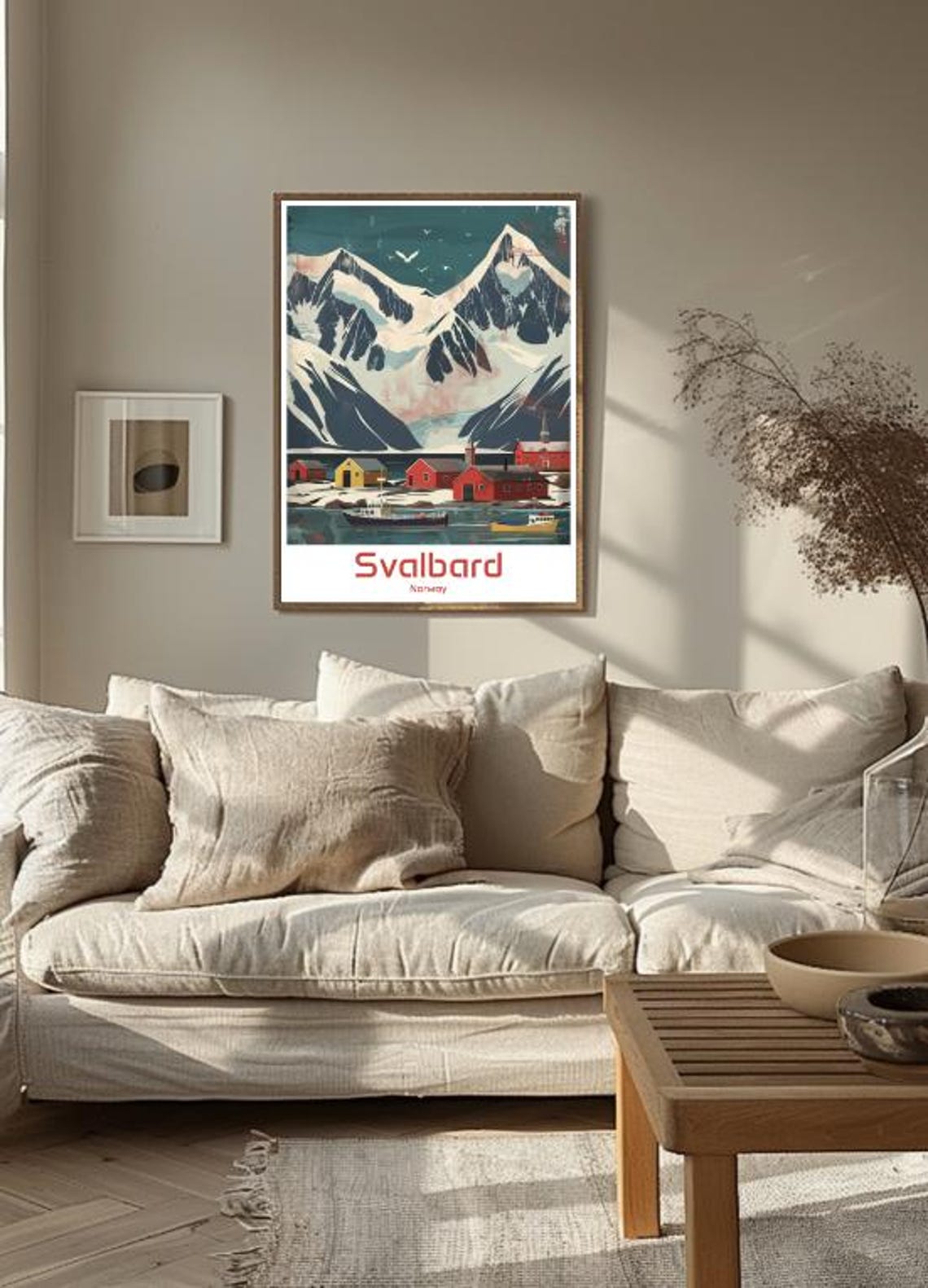 Svalbard Norway Arctic Snowy Peaks Harbor Retro Illustration Poster - Image 3