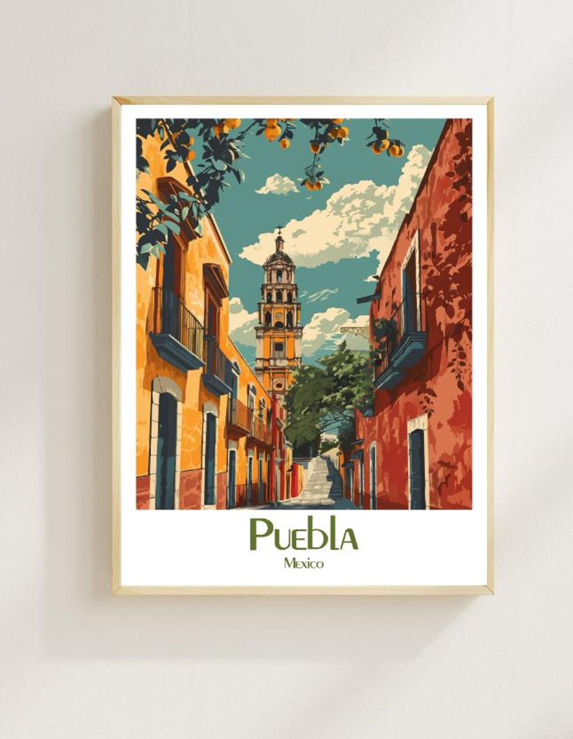 Puebla Mexico Colonial Street Church Tower Retro Travel Poster