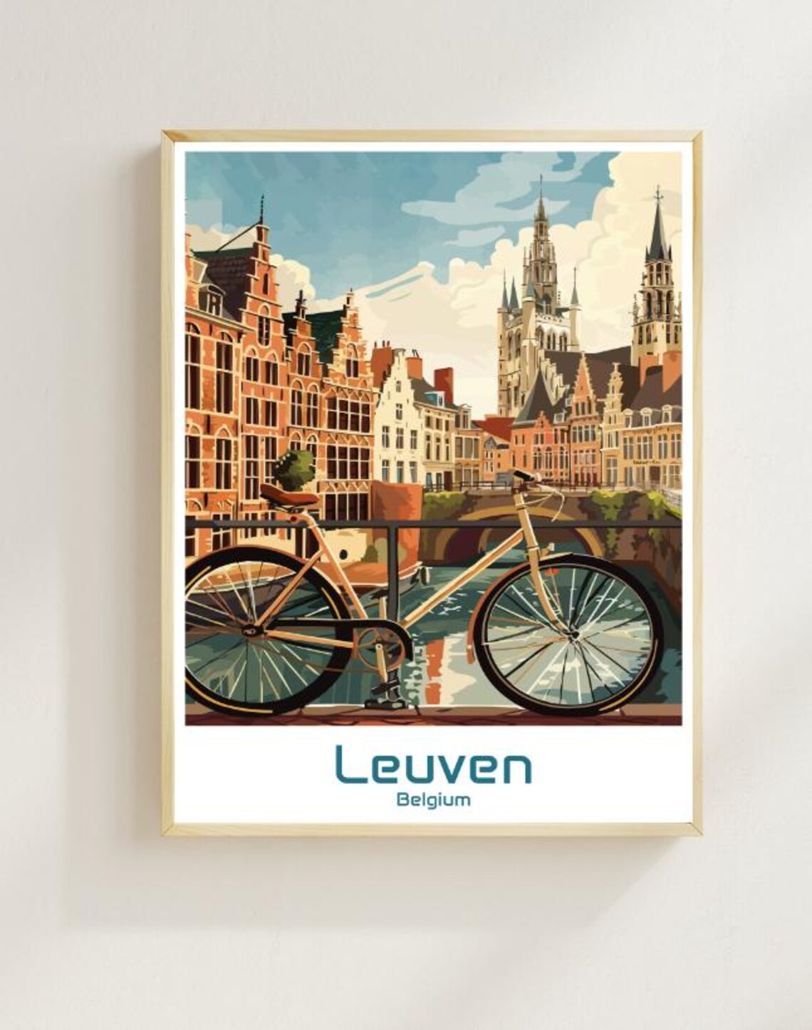 Leuven Belgium Canal Bridge Bicycle Historic Town Vintage Travel Poster