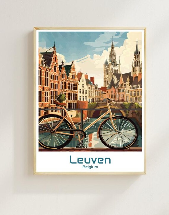 Leuven Belgium Canal Bridge Bicycle Historic Town Vintage Travel Poster