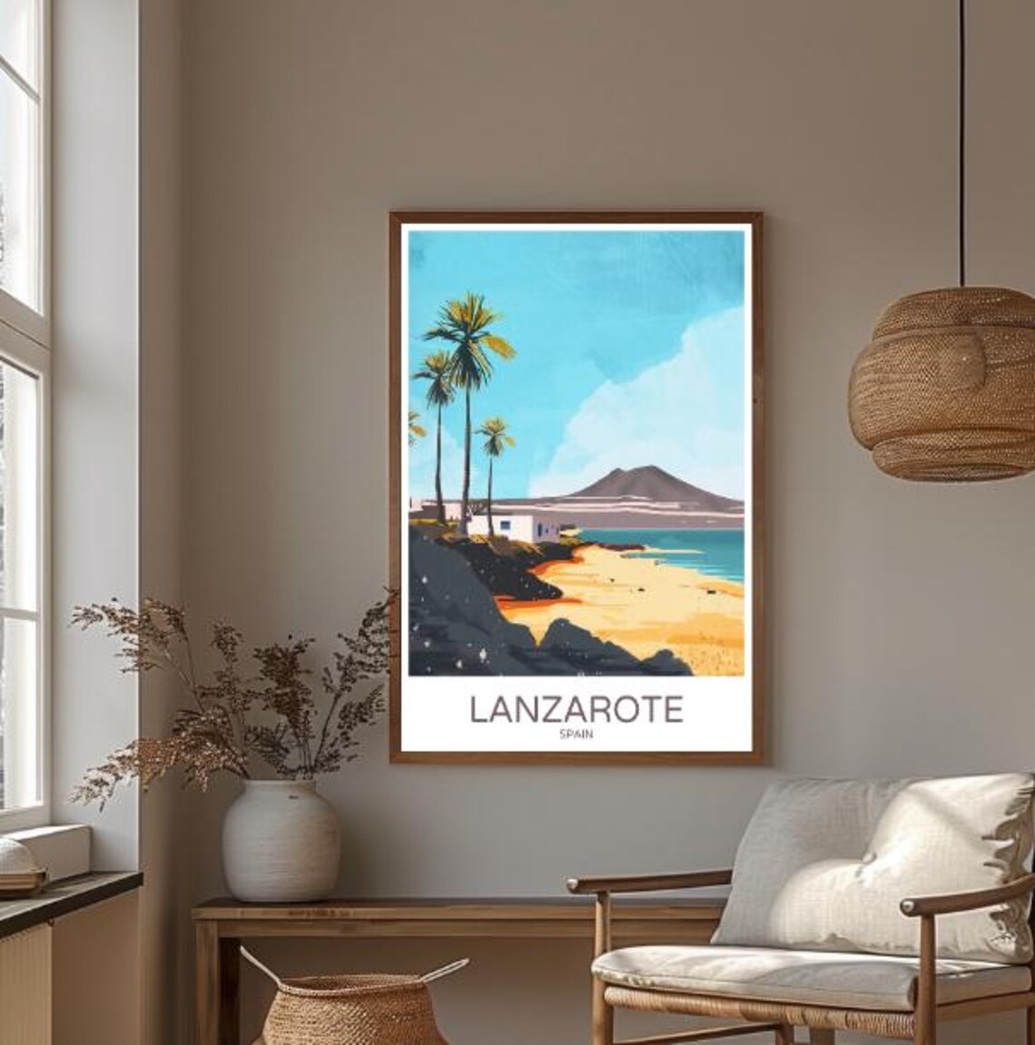 Lanzarote Spain Volcanic Beach Palm Trees Vintage Travel Poster - Image 3