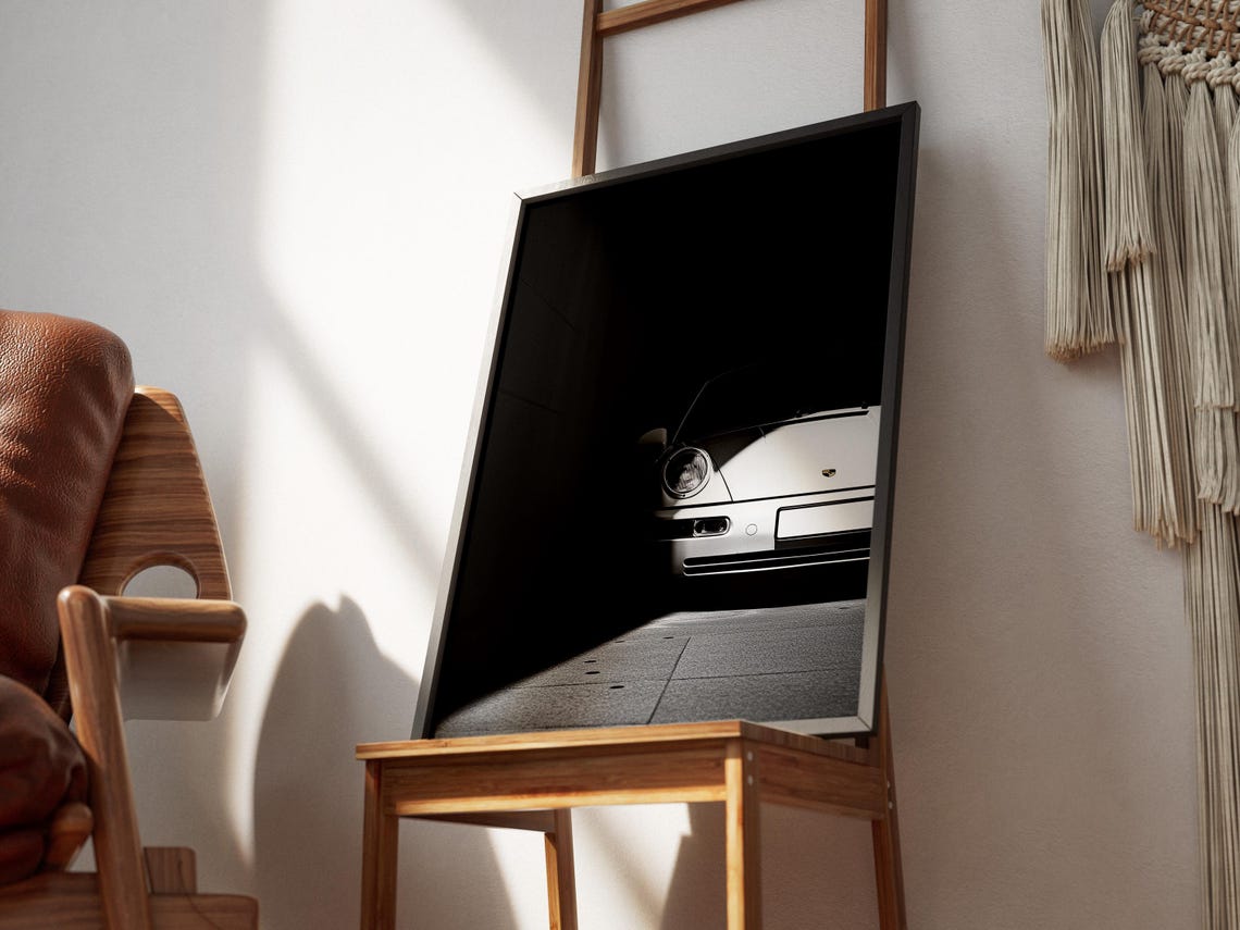 White Porsche 911 Emerging From Dark Shadow Dramatic Photo Poster - Image 3