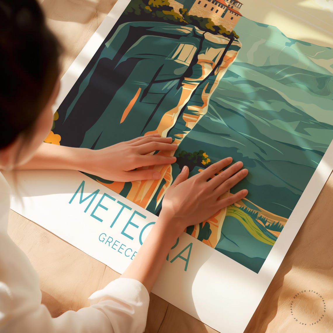 Meteora Greece Monastery Cliff Top Rock Formation Valley View Poster - Image 3