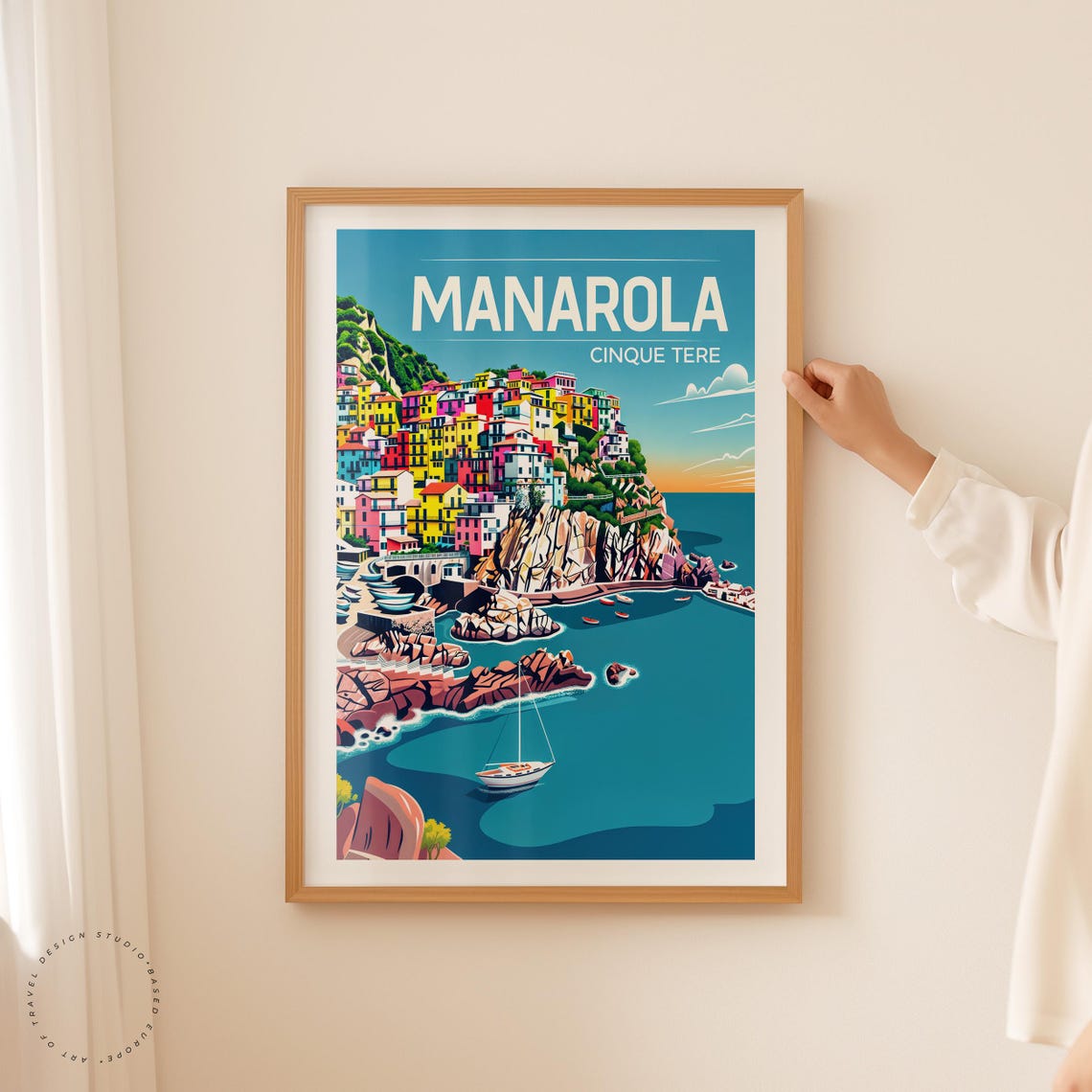 Manarola Cinque Terre Sunset Cliff Village Sailboat Vintage Poster - Image 5