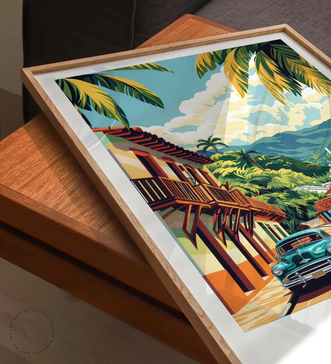 Cali Colombia Vintage Car on Narrow Cobblestone Old Town Street Poster - Image 3