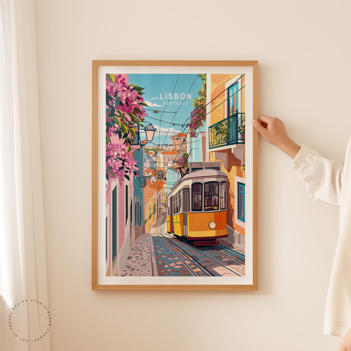 Lisbon Portugal Yellow Tram Cobblestone Street Flowers Travel Poster - Image 5