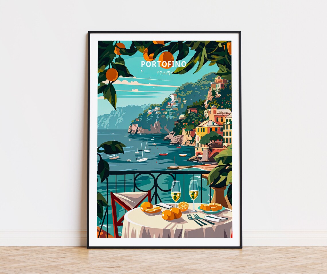 Portofino Italy Travel Poster, Coastal Wall Decor