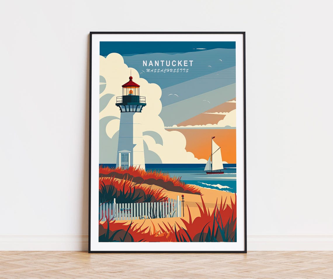 Nantucket Massachusetts Lighthouse Sunset Sailboat Beach Poster