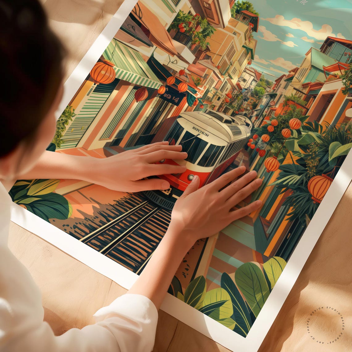 Hanoi Vietnam Train Street Red Tram Lanterns Old Town Vintage Poster - Image 3