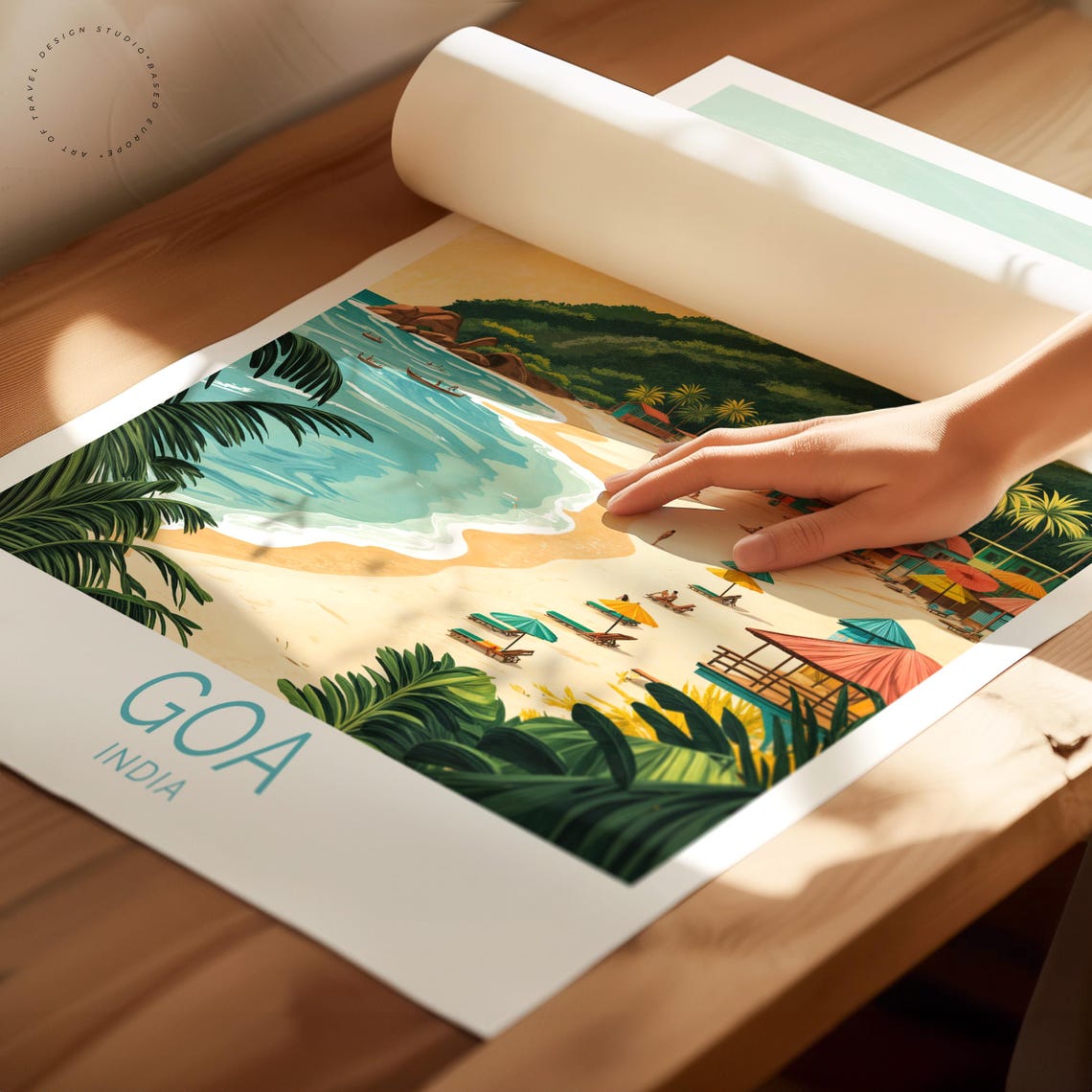 Goa India Lively Beach Umbrellas Shacks Palms Hillside Sunset Poster - Image 2