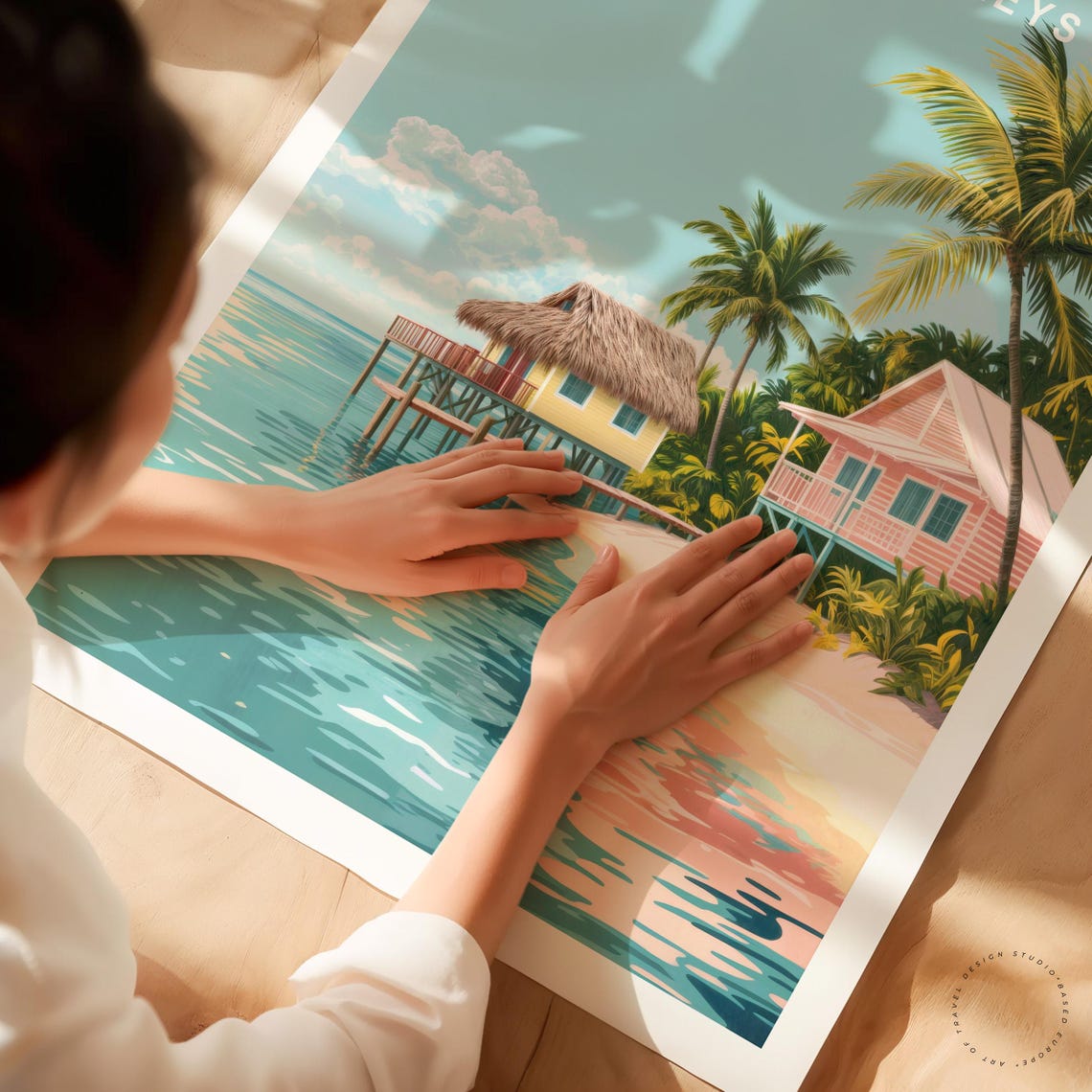 Florida Keys Stilt Hut Pink Beach House Palms Sunny Lagoon Poster - Image 3