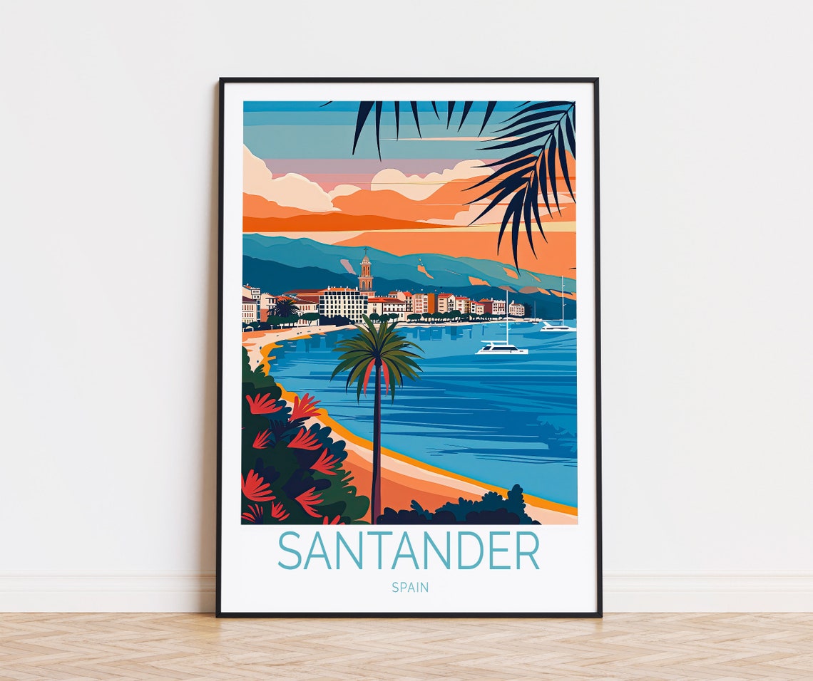 Santander Spain Sunset Bay Palm Trees Sailboats Coastal Poster
