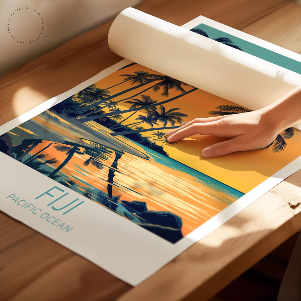Fiji Pacific Ocean Palm Silhouettes Orange Sunset Lagoon Shore Poster - Image 2