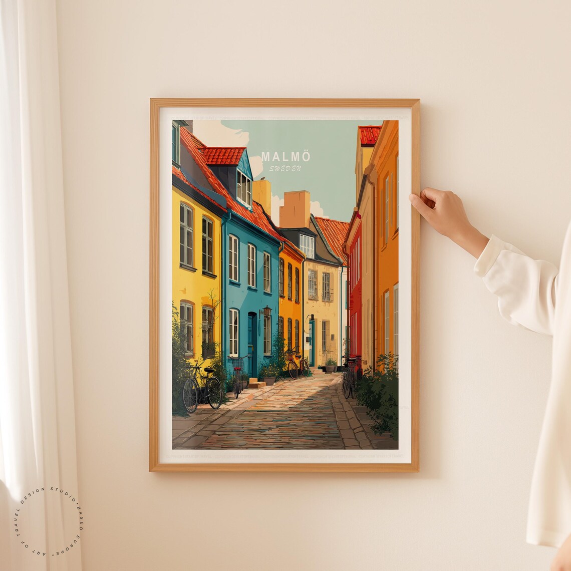 Malmo Sweden Colorful Old Town Street Bicycles Brick Lane Travel Poster - Image 5