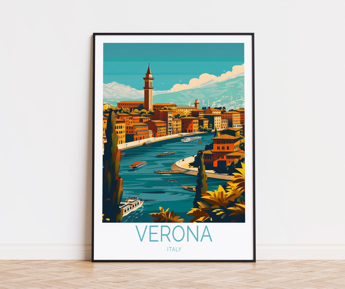 Verona Italy River Bend Bell Tower Historic City Travel Poster
