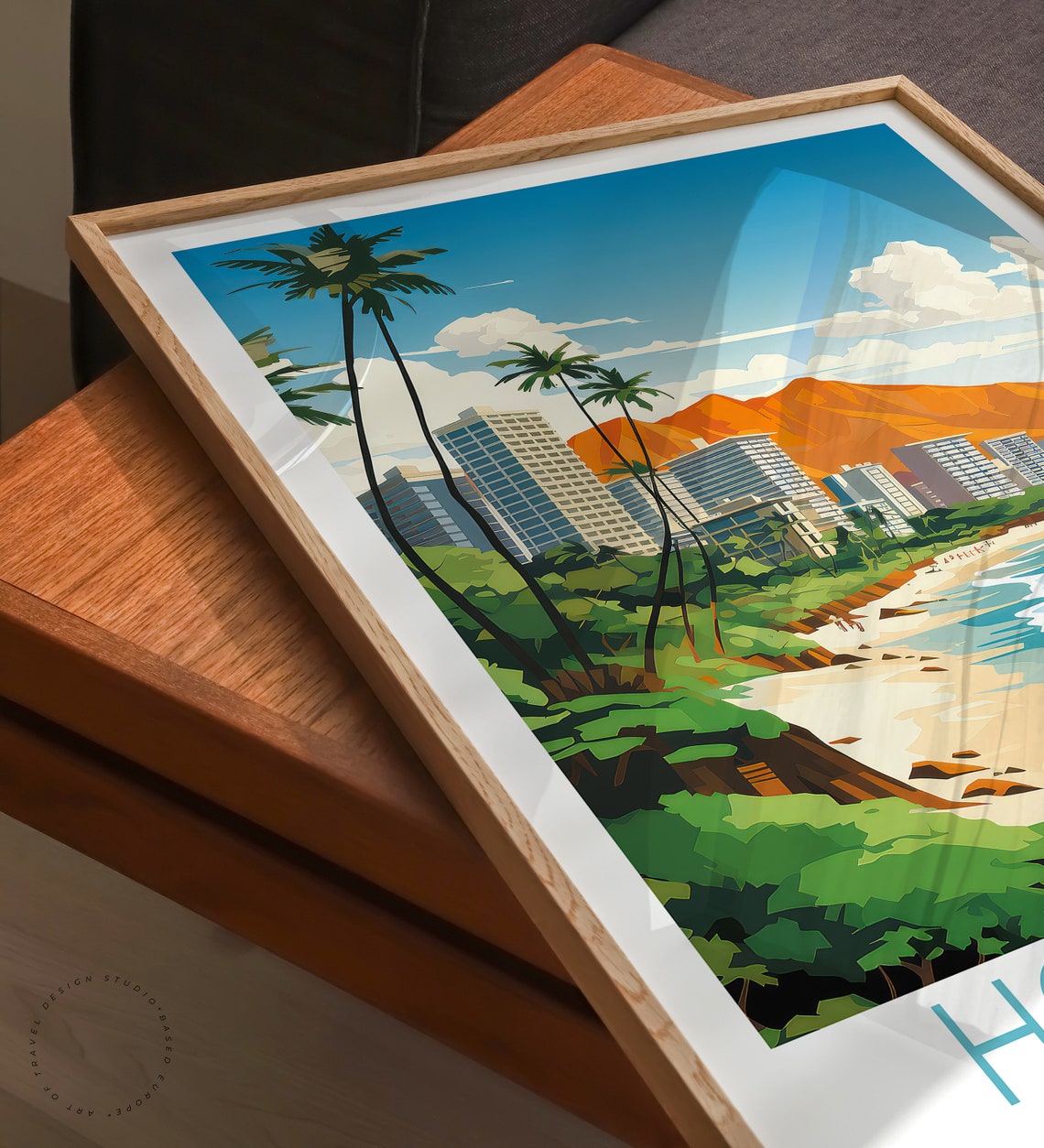 Honolulu Hawaii Waikiki Beach Palm Trees Blue Ocean Travel Poster - Image 3