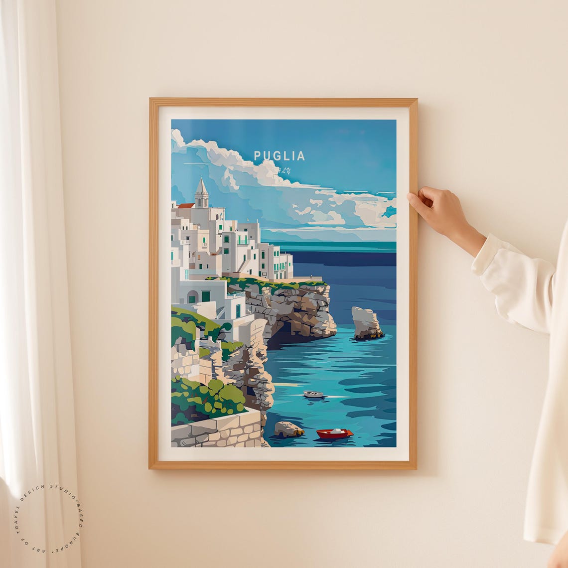 Puglia Italy Whitewashed Cliffside Town Over Turquoise Sea Poster - Image 2