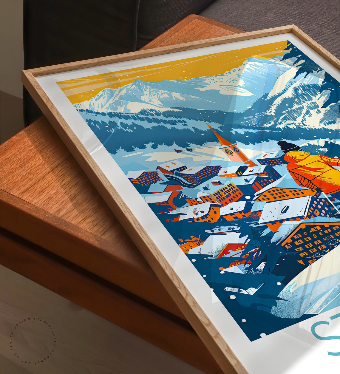 St Moritz Switzerland Skier Descending Toward Alpine Village Poster - Image 3