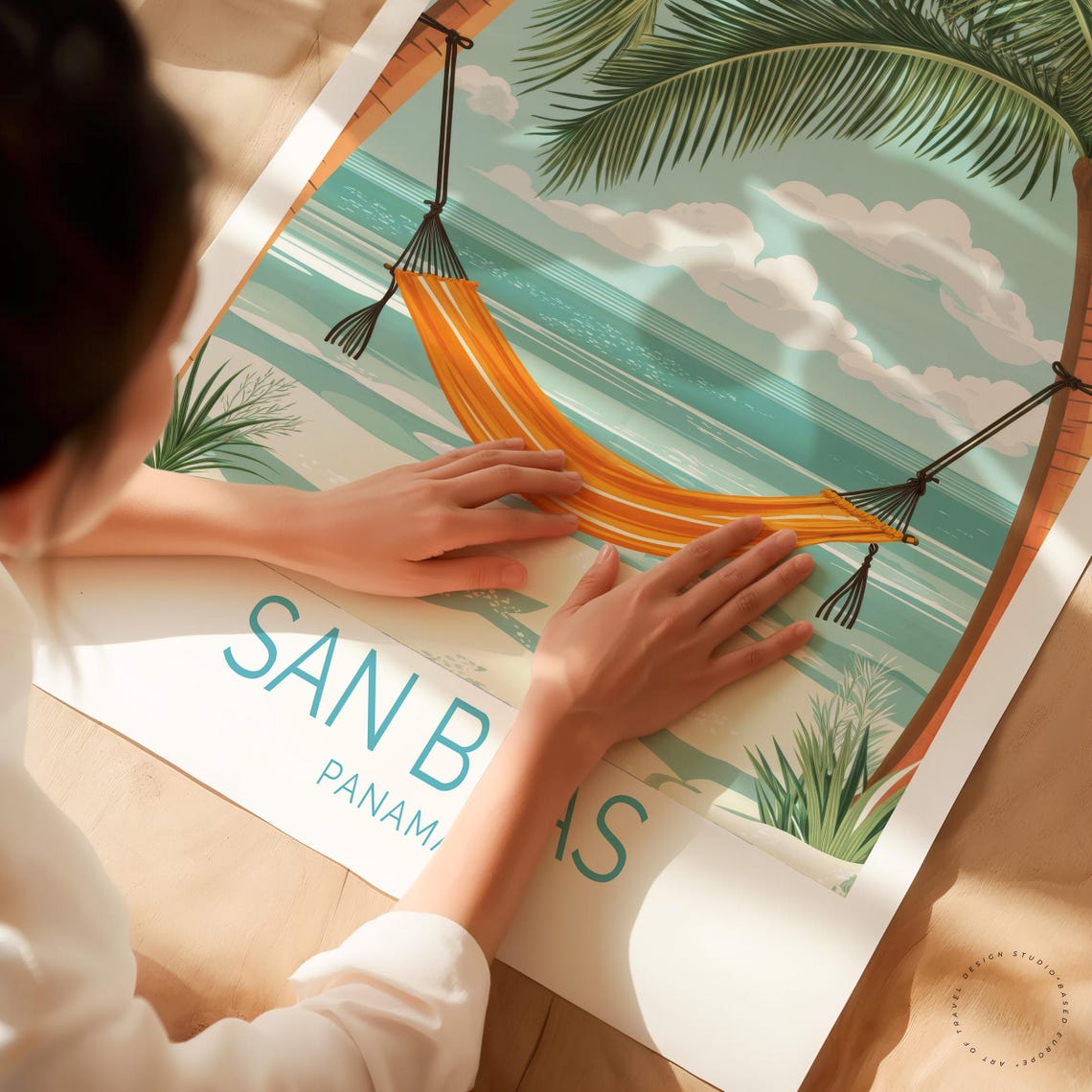 San Blas Panama Orange Hammock Between Palms Beach Travel Poster - Image 3
