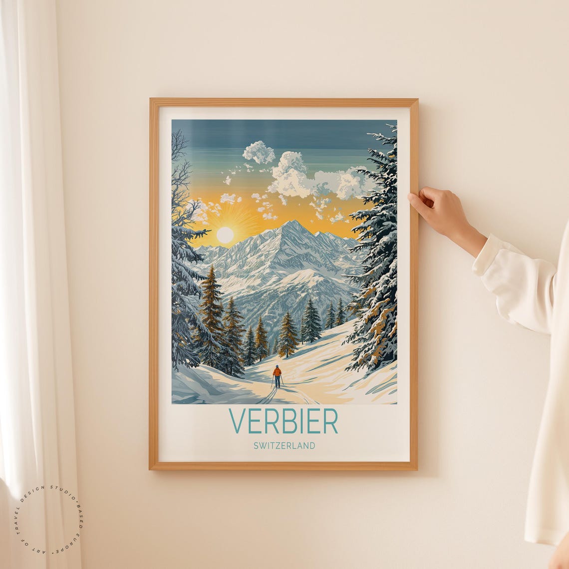 Verbier Switzerland Sunrise Skier Alpine Slopes Bottom Title Poster - Image 2
