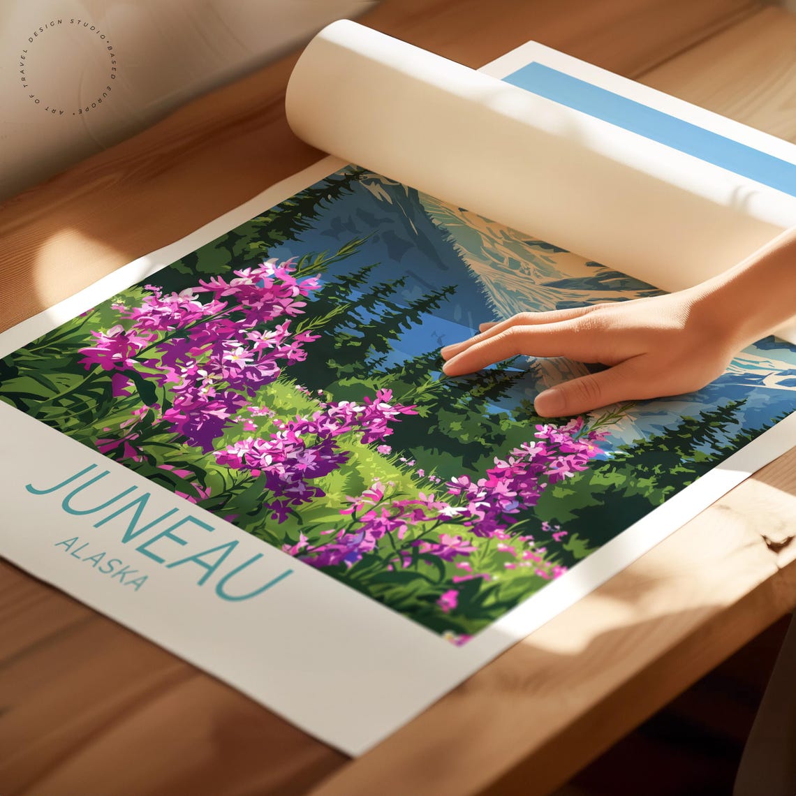 Juneau Alaska Glacier Capped Peak Pink Wildflowers Blue Sky Poster - Image 2