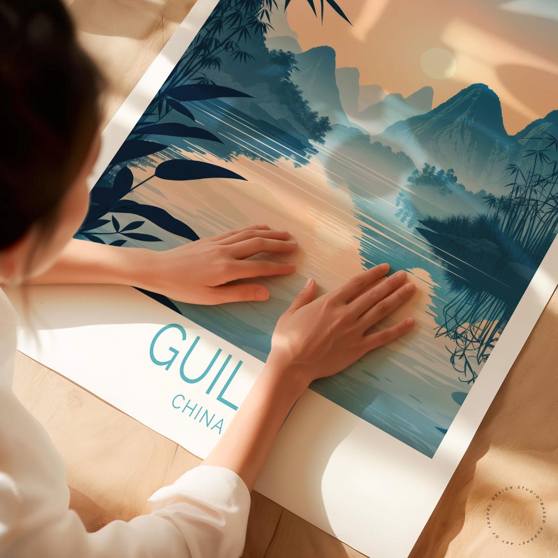 Guilin China Karst Mountains River Sunset Minimalist Travel Poster - Image 3