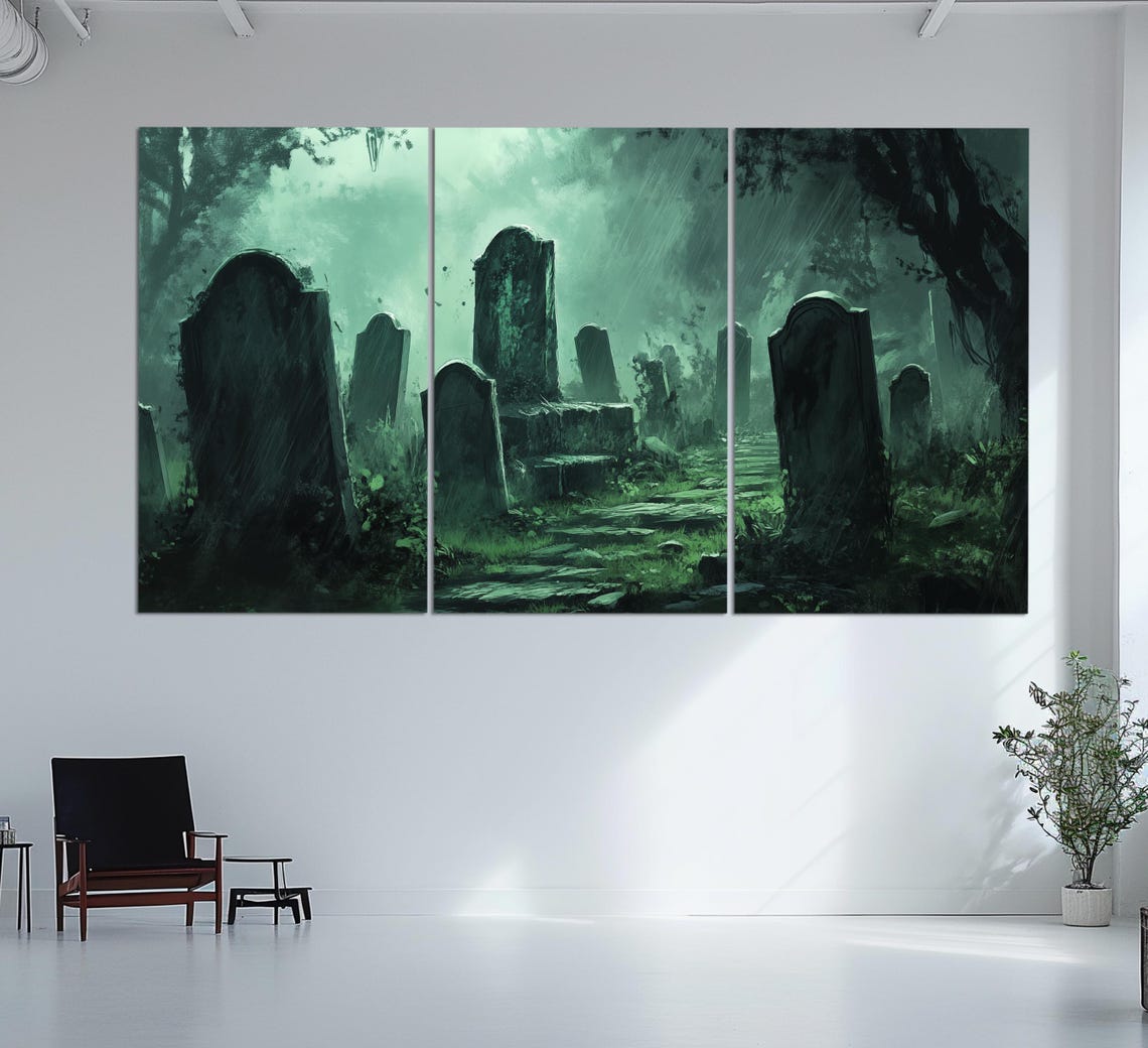 Night Graveyard With Broken Graves Print Abstract Gothic Painting Horror Wall Art Gothic Painting Horror Print Gothic Wall Decor - Image 3