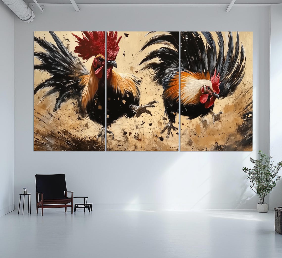 Two Fighting Roosters Fierce Dynamic Action Art Feathers Flying Poster - Image 3